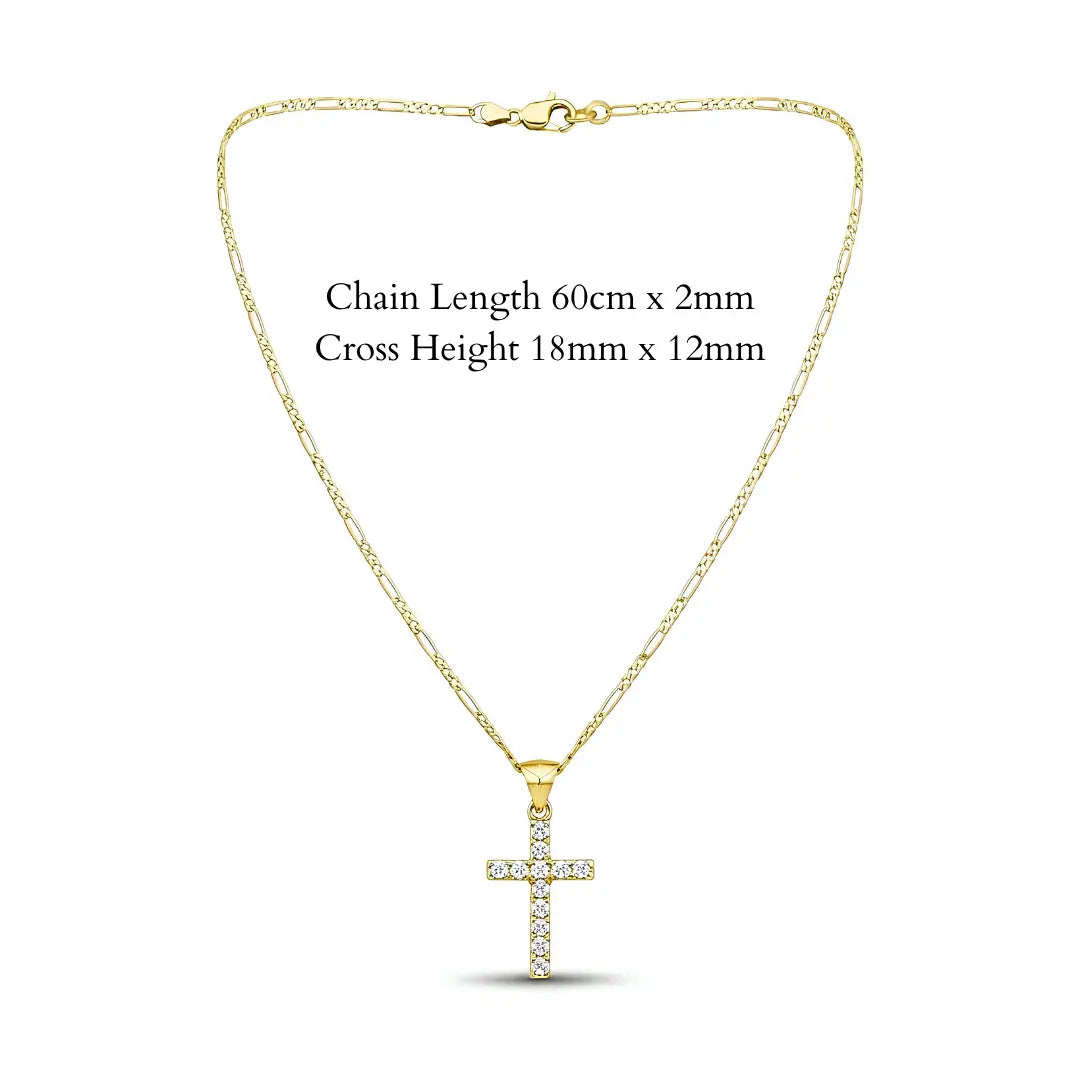 14K Gold Filled Pavé Cross Pendant Necklace – 18mm x 12mm Sparkling Cross with 60cm x 2mm Figaro Chain for Men & Women